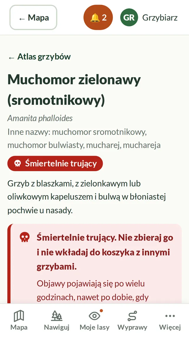 Karta atlasu: muchomor zielonawy z czerwonym ostrzeżeniem „Śmiertelnie trujący”.