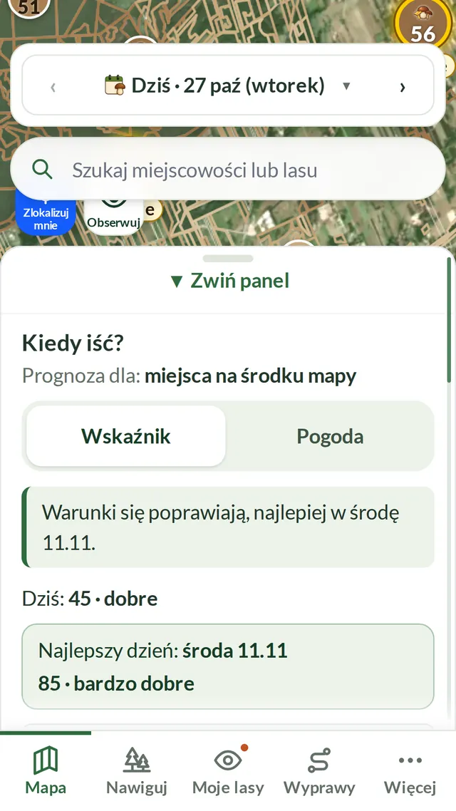 Panel „Kiedy iść?”: warunki się poprawiają, najlepszy dzień — środa, 85 — bardzo dobre.
