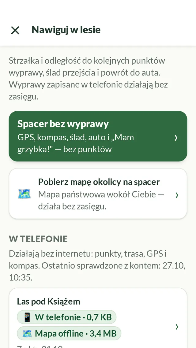 Lista wypraw w aplikacji: wyprawa zapisana w telefonie i pobrana mapa wyprawy.