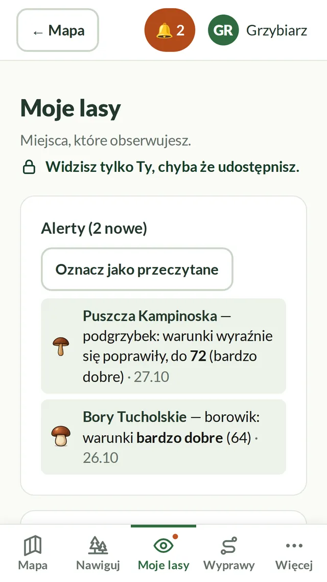 Ekran „Moje lasy”: dwa nowe powiadomienia — warunki w Puszczy Kampinoskiej wyraźnie się poprawiły.