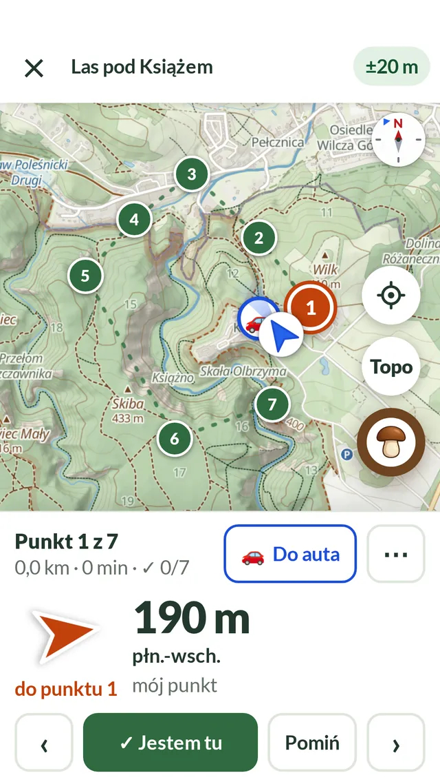 Ekran „Nawiguj w lesie”: mapa państwowa z trasą i punktami wyprawy, duża strzałka i odległość do punktu.